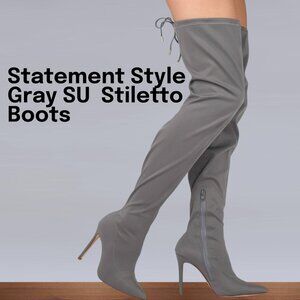 Pointed Toe Gray Over-the-Knee Stiletto Boots – Suede Finish  Statement Style